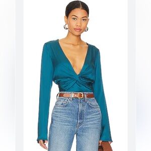Free People |  Miraya Front Twist Satin Crop Top in Corsair Teal Blue | Large